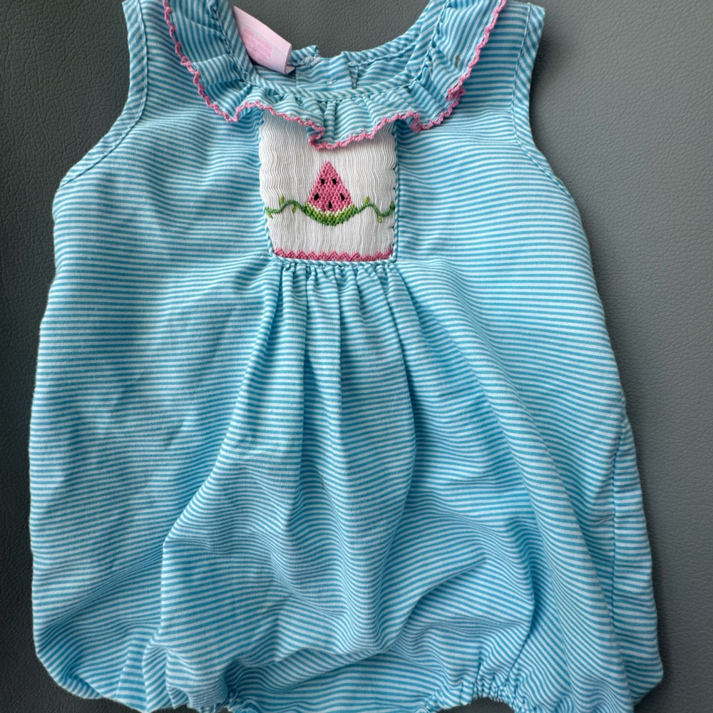 petit bebe = brand. Turquoise Striped Baby Bubble with Pink Trim (12M)
